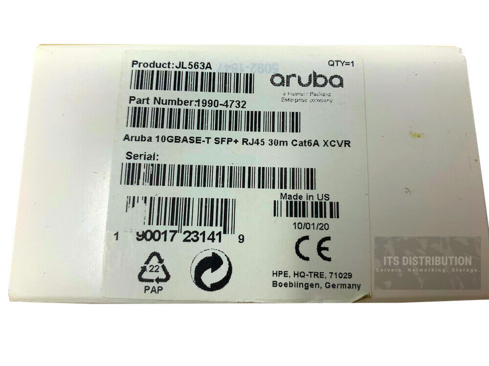 JL563A I Open Box HPE Aruba 10GBASE-T SFP+ RJ45 30M CAT6A XCVR Transceiver